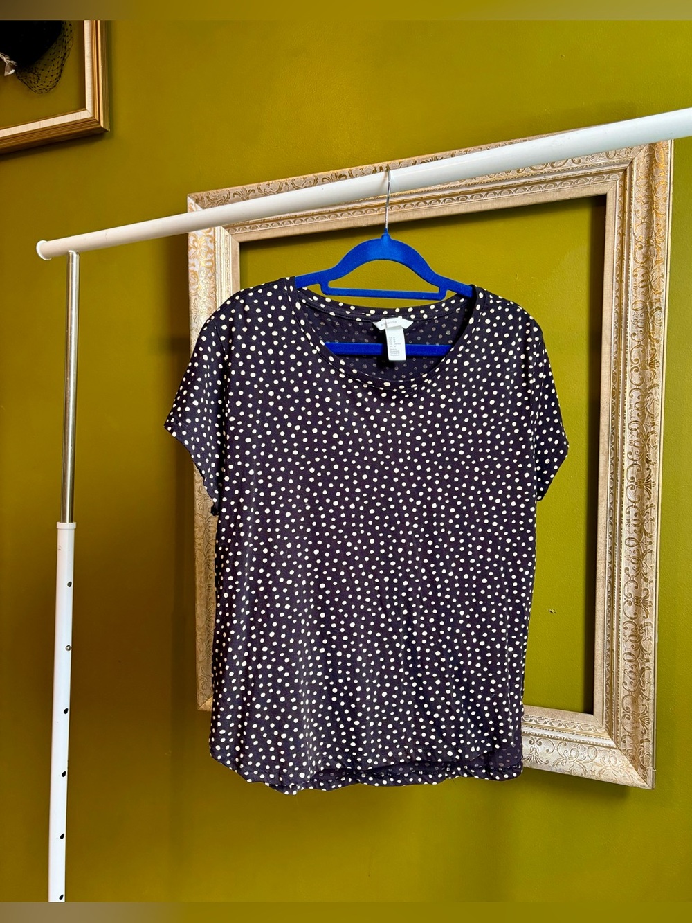 H&M, M, NWOT, Polka Dot Cap or Short Sleeve Women's Top, Black w/ Off-White Dots